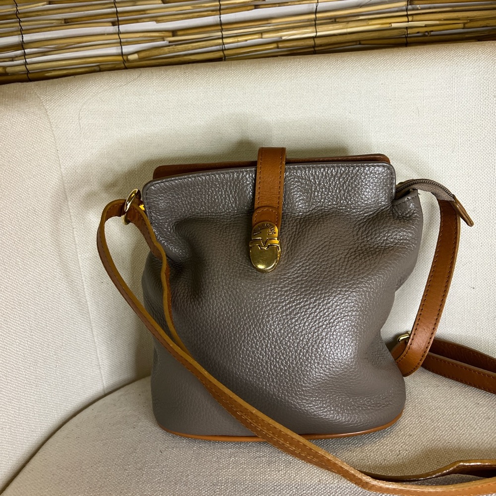 Valentina Gray Leather Crossbody with Tan Trim and Gold Hardware
